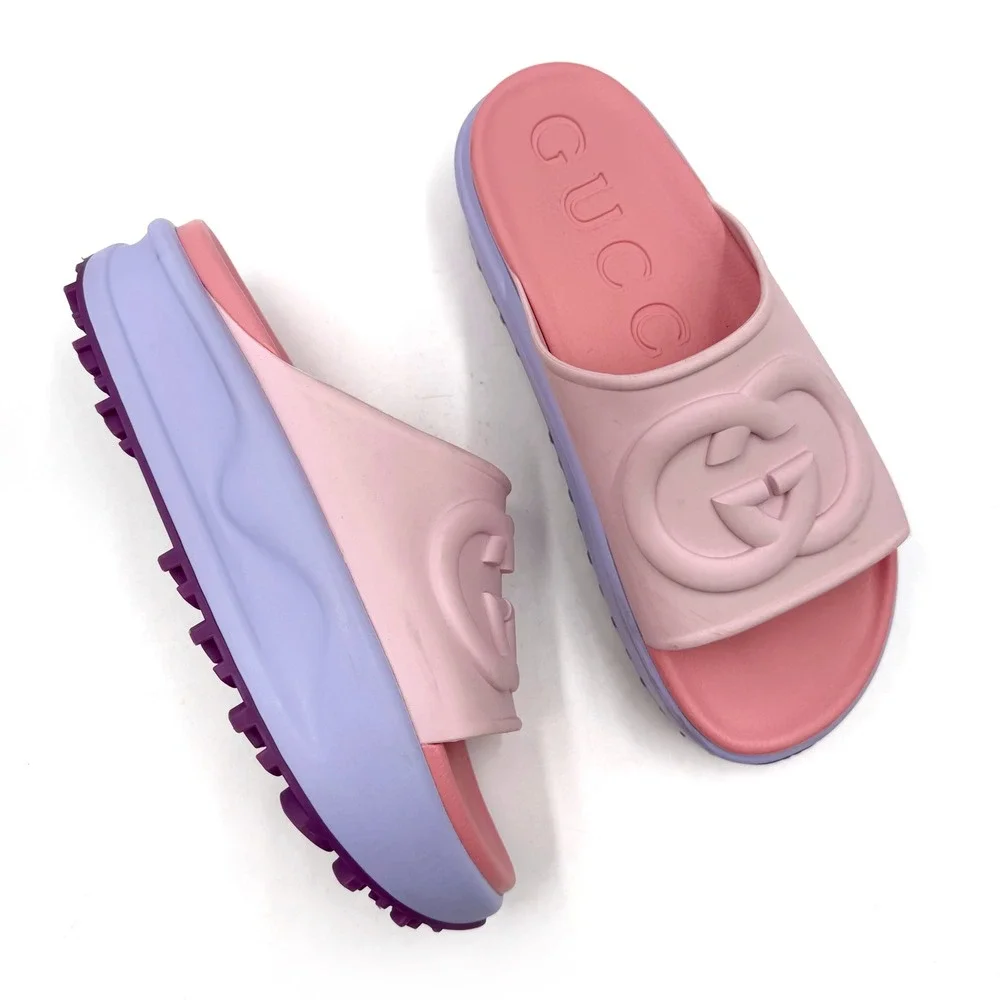 Gucci Pink Purple Interlocking G Sandals Logo Platform Rubber Slides Sz 41 / 11